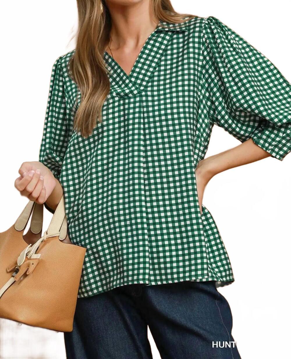 NEW UMGEE women's gingham check collared puff sleeve blouse in hunter green